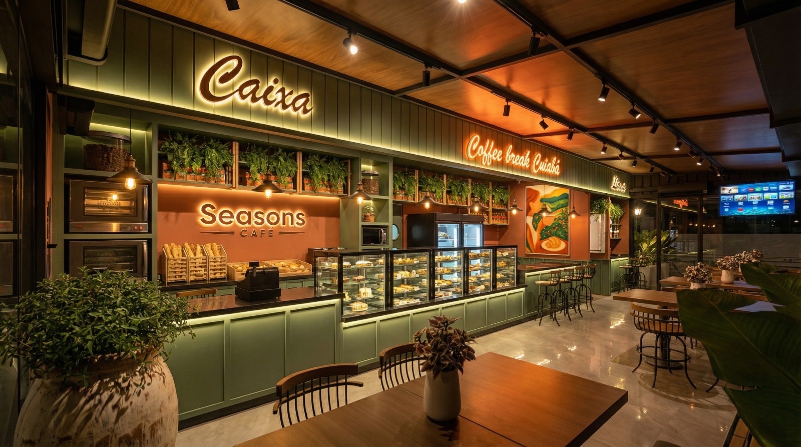 Interior aconchegante do Seasons Café com prateleiras de pães artesanais e madeira natural